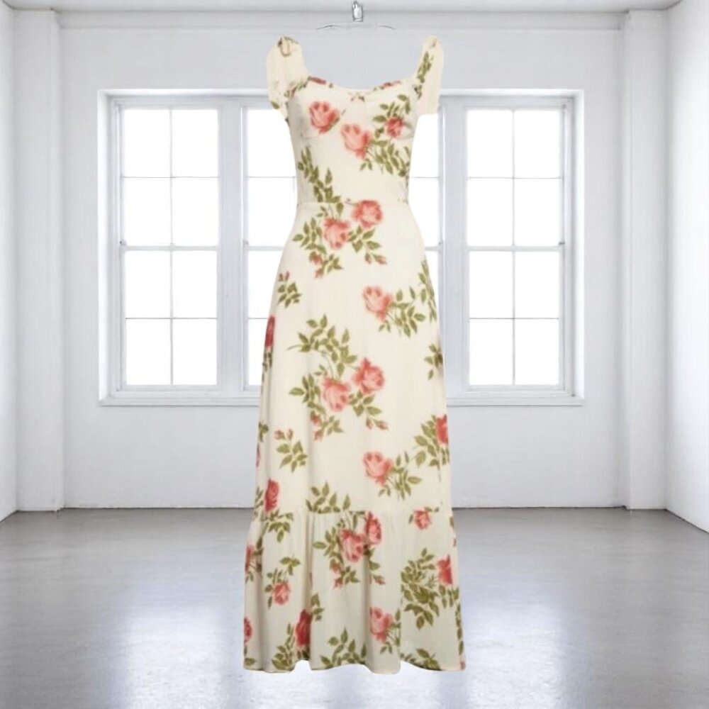 Reformation Cream Floral Maxi Dress with Pink Roses
